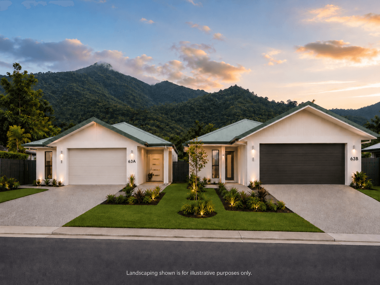 Brand new Co-Living development — two-dwelling layout with mountain backdrop